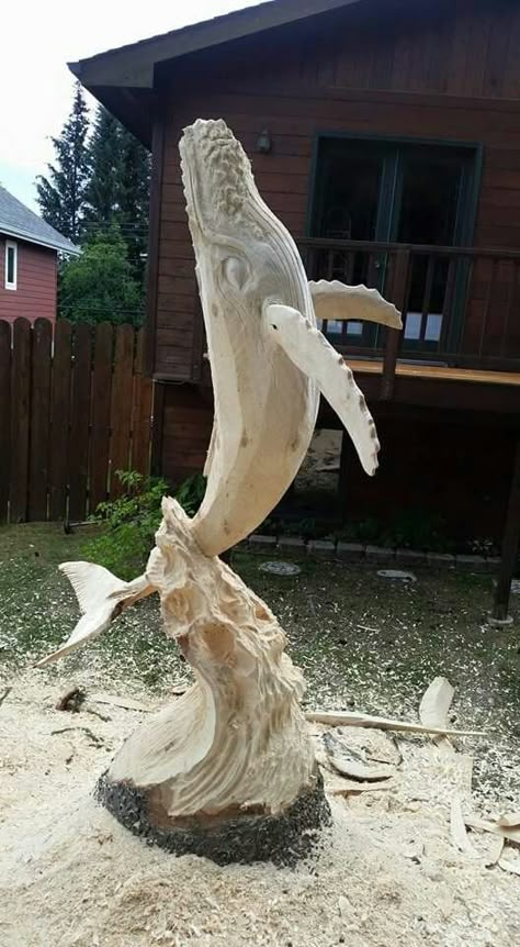 Humpback whale.. Carved Whale Wood, Humpback Whale Sculpture, Whale Sculpture, Chainsaw Sculpture, Chainsaw Wood Carving, Chainsaw Carvings, Driftwood Sculpture, Whale Art, Got Wood