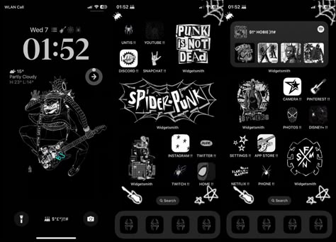 Home Screen Layout Iphone, Layout Phone, Phone Theme Ideas, Spider Punk, Ios App Iphone, Retro Wallpaper Iphone, Phone Layouts, Iphone Home Screen Layout, Ios Ideas