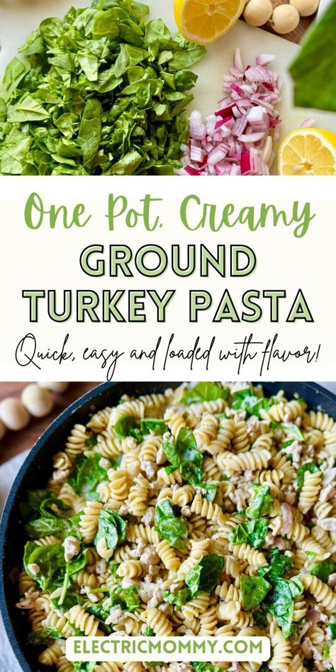 Creamy Ground Turkey Pasta (One Pot) Ground Turkey Healthy Dinner Recipes, Ground Turkey Creamy Pasta, Pasta Ground Turkey Recipes, Ground Turkey And Noodles, Ground Turkey Italian Recipes, Ground Turkey Spinach Recipes, One Pot Ground Turkey Recipes, Ground Turkey Alfredo Pasta, Ground Turkey Gnocchi