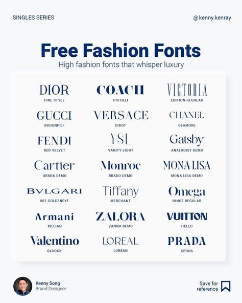 Fashion Brand Typography, List Of Designer Brands, Vogue Font Canva, Different Word Fonts, Fonts For Luxury Brands, Luxury Brand Typography, Fonts Clothing Brand, Fashion Designer Name Ideas, Boujee Fonts