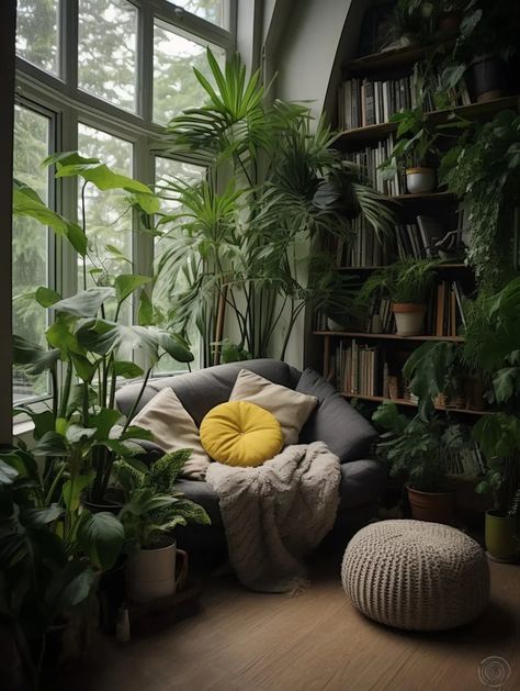 Plant Inside House Living Rooms, Cozy Living Room With Plants, Bohemian Green Living Room, Plants In Small Apartment, Sunroom Ideas Plants, House Interior Plants, Room Full Of Plants, Plant Office, Big Library