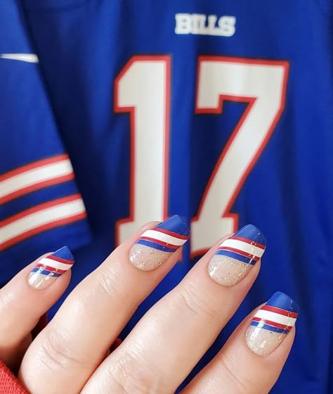 Danielle on Instagram: "❤💙 Hey ey ey ey! Let's Go Buffalo! . . . 💅🏽: Glittersweet, Greeking Out, Beijing Beauty & Swiss And Tell ✂️ . #letsgobuffalo #buffalobillsnails #buffalobills #billsmafia #billsmafiababes #colorstreet #colorstreetnailfies #BeColorful #BeBrilliant #BeColorStreet #LifesColorsByDani #colorstreetnailstrips" Buffalo Bills Manicure, Buffalo Bill Nails, Buffalo Bills Nails Design Acrylic, Buffalo Bills Zubaz Nails, Football Season Nail Designs, Bills Nails Buffalo, Buffalo Bills Nail Ideas, Buffalo Bills Nails Design, Football Nails Design