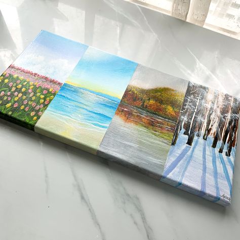 Four Seasons Acrylic Painting, Painting Four Seasons, Acrylic Painting Seasons, 4 Season Painting Ideas, Seasons Paintings On Canvas, 4 Season Painting, Four Season Painting, 4 Seasons Painting, Parents Painting