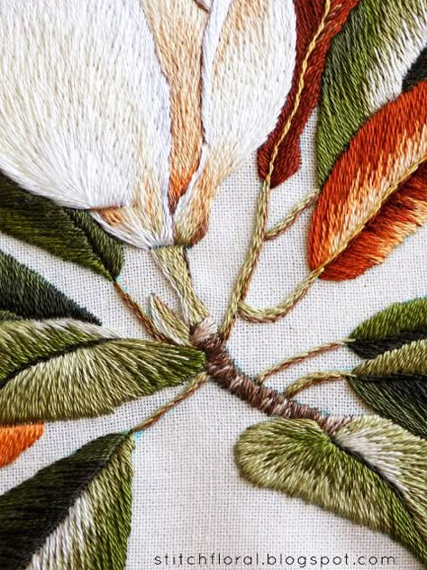 Magnolia Stitch Along Part 1 Crewel Embroidery Tutorial, Silk Ribbon Embroidery Tutorial, Crewel Embroidery Patterns, Embroidery Tattoo, Ribbon Embroidery Kit, Needle Painting, Embroidery Patterns Ideas, Ribbon Embroidery Tutorial, Crewel Embroidery Kits