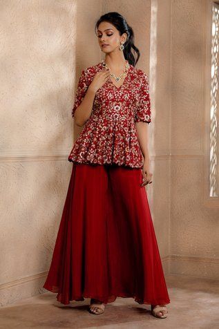 Shop for OMANA BY RANJANA BOTHRA Zareen Flower Embroidered Peplum Top And Sharara Set for Women Online at Aza Fashions Peplum Top Outfits Indian, Peplum Top With Skirt, Peplum And Skirt, Top And Sharara Set, Organza Frocks, Peplum Top Outfits, Indo Western Outfits For Women, Raw Silk Embroidery, Silk Sharara