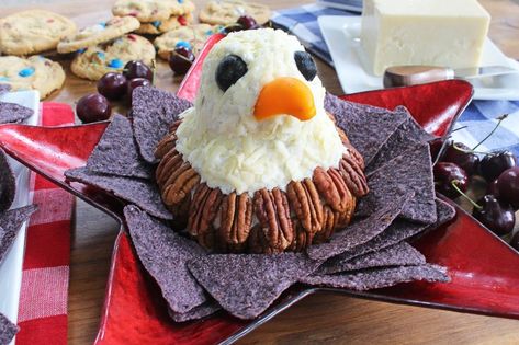 Patriotic Cheese Ball, American Eagle Cheese Ball, Eagle Cheese Ball, Cauliflower Crackers, Blue Tortilla Chips, Cheeseball Recipe, Blueberry Cakes, Patriotic Recipes, Patriotic Food