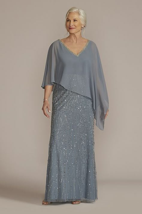 View Oleg Cassini Beaded V-Neck Sheath Gown with Chiffon Capelet in all available colors and sizes Brides Mother Dress, Chiffon Capelet, Grandma Dress, Womens Sequin Dresses, Grooms Mom, Chiffon Summer Dress, Mother Of Bride Outfits, Mother Of The Bride Dresses Long, Mother Of The Bride Gown