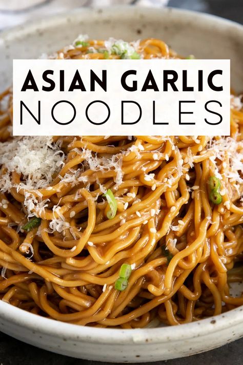 Asian Garlic Noodles is a quick and easy 20-minute noodle stir-fry that's made using your favorite noodles in a delicious sauce made with garlic, butter, soy sauce, and parmesan cheese. Perfect for anyone who loves garlic! Noodle Ideas For Dinner, Garlic Noodles Recipe Asian, Asian Garlic Noodles, Saucy Noodles, Asian Veggies, Chipotle Pasta, Garlic Noodles Recipe, Asian Noodle Dishes, Asian Noodle Recipes