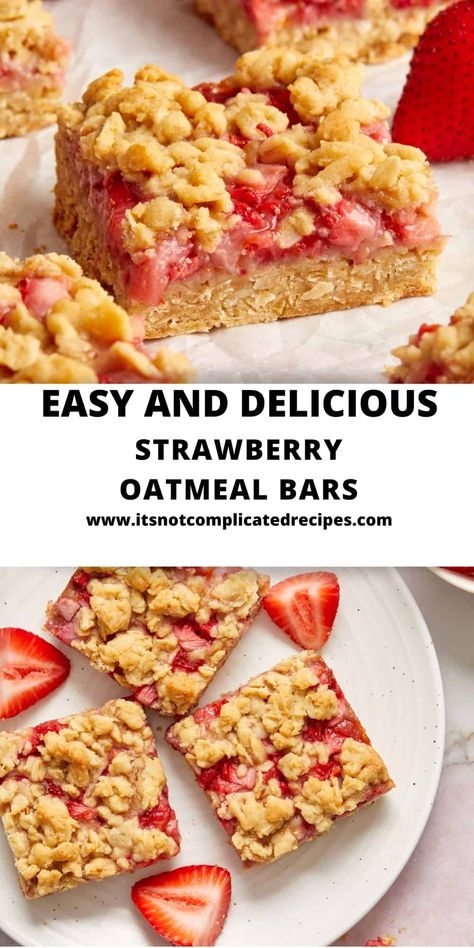 These delicious Strawberry Oatmeal Bars are certain to become your favourite new recipe. With a crisp, slightly chewy base, a sweet, fresh strawberry centre and a crispy crumble topping, they are a guaranteed crowd-pleaser. If you love a good, sweet treat that is quickly and easily made, this recipe is for you. The most difficult part is waiting for them to cool down once they’re baked! Gluten Free Strawberry Oatmeal Bars, Fruit Based Breakfast, Strawberry Bars Recipes, Strawberry Oatmeal Bake, Oatmeal Fruit Bars, Homemade Fruit Bars, Strawberry Recipes Healthy, Fruit Based Desserts, Berry Oatmeal Bars