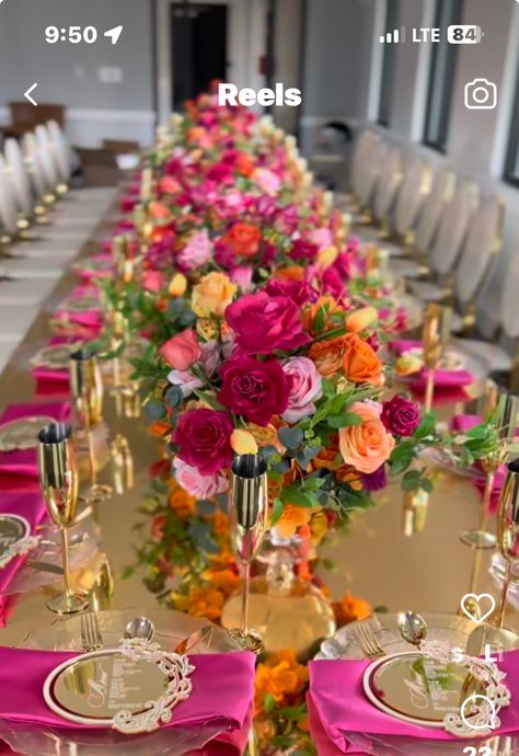 Colorful Flowers Wedding Decoration, Cuban Table Setting, Colourful Table Decor, Fushia And Orange Wedding, Magenta And Orange Wedding, Pink And Orange Decorations Party, Red Orange Pink Wedding Color Palettes, Backyard Wedding Colorful, Fushia Wedding Color Schemes