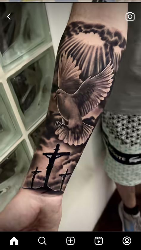 Tattoos Of Heaven, Holy Tattoos For Men, Religious Forearm Tattoo, 3 Crosses Tattoo Men Forearm, Catholic Tattoos Sleeve, Cross Tattoos For Men Forearm, Mexican American Tattoos, Christian Tattoos Men, Black Cross Tattoos