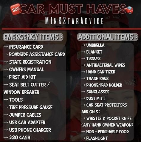 First Car Checklist, Cars For First Time Drivers, Car Needs List, Best First Cars, Car Payment Hacks, Stuff To Keep In Your Car, First Car Tips, Good First Cars, Cars Essentials