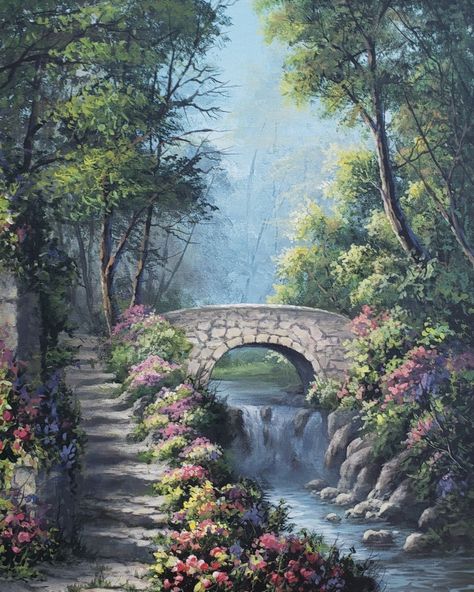 Nature Beauty Painting, Easy Aesthetic Landscape Painting, Beautiful Landscapes To Draw, Bridge Oil Painting, Bridge Landscape Painting, Paintings Of Forests, Flower Bushes Drawing, Things To Paint On A Large Canvas, Flower Bushes Painting