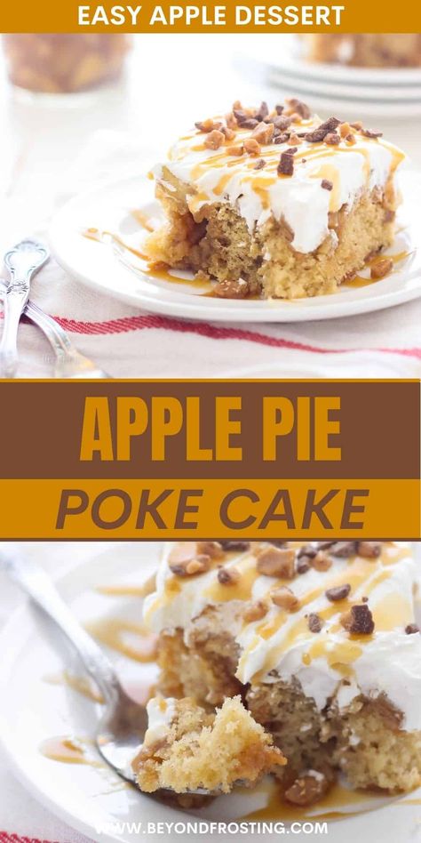 This cozy caramel apple poke cake is swirled with cinnamon, soaked with caramel, and then topped with apple pie filling and whipped cream! Carmel Apple Pie Poke Cake, Apple Carmel Cake, Caramel Apple Poke Cake Recipe, Caramel Apple Poke Cake, Christmas Poke Cake, Cinnamon Roll Poke Cake, Apple Poke Cake, Toffee Bites, Best Apple Desserts