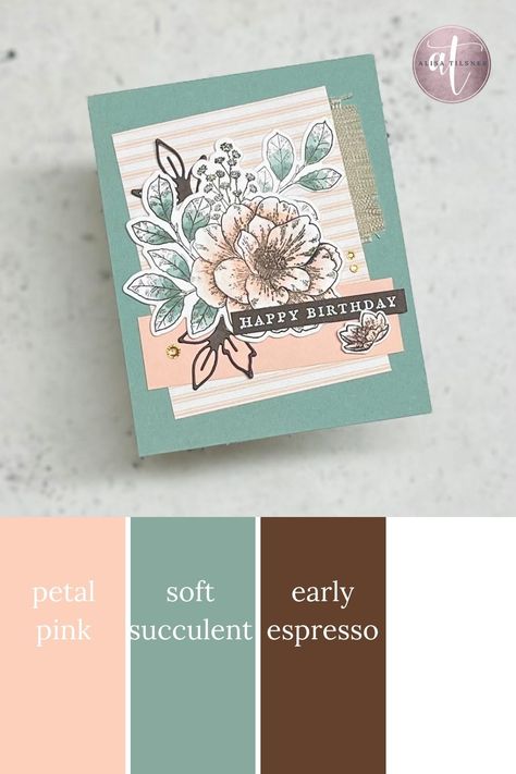 Check out my Board for more great colour combinations using Stampin' Up! Colours. Card details are on my blog. Stampin Up Color Combos, Three Color Combinations, Rose Birthday, Rosé Birthday, Colour Themes, Brand Mood Board, Good Color Combinations, Diy Journal Books, Bday Cards