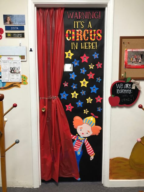 Classroom Door Circus Theme, Diy Circus Decorations Classroom, Circus Theme Classroom Bulletin Boards, Carnival Themed Teacher Appreciation, Circus Theme Door Decorations Ideas, Clown Classroom Door, Circus Theme For Classroom, Carnaval Classroom Decoration, Circus Theme School Decorations