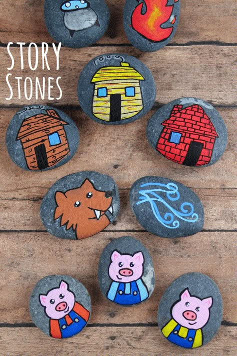 These 3 Little Pig story stones are perfect for re-telling and reading comprehension. Using flat rocks and paint pens, these are simple to make! Story Rocks, Three Little Pigs Story, 3 Little Pigs, Pig Painting, Make Your Own Story, Story Stone, Rock Painting Tutorial, Teacher Board, Story Stones