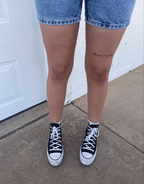 Women’s Above The Knee Tattoo, Small Leg Tattoos Women Above Knee, Small Above The Knee Tattoos Women, Above Knee Word Tattoos Women, Over The Knee Tattoo Words Women, Script Tattoo Above Knee, Script Knee Tattoo, Dainty Above Knee Tattoo, Word Above Knee Tattoo