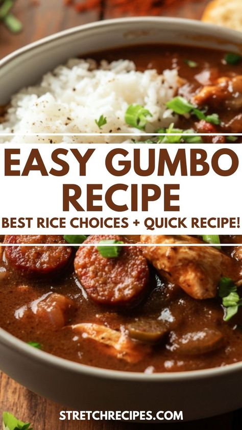 Curious about the best rice for gumbo? Upgrade your chicken and sausage gumbo with rice by using the right variety! Our easy gumbo recipe is perfect for any occasion, whether you're cooking for two or hosting a crowd. Don’t forget to save and visit for the best gumbo recipe! Cheap Gumbo Recipe, Gumbo Rice Recipe, Gumbo With Rice, Non Spicy Gumbo Recipe, Turkey Sausage Gumbo Recipe, Dutch Oven Gumbo Recipes, Gumbo Seasoning Recipes, Easy Chicken Gumbo, Sausage Gumbo Recipe Easy