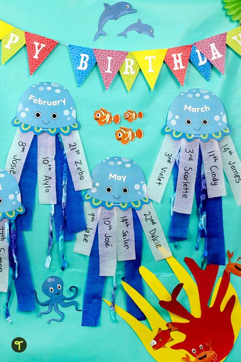 Birthday Classroom Display, Classroom Display Ideas, Deco Theme Marin, Ocean Classroom Decor, Birthday Classroom, Preschool Classroom Themes, Birthday Display In Classroom, Birthday Bulletin Board, Beach Theme Classroom