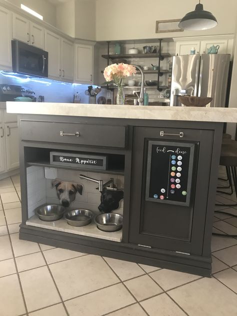 Island With Dog Feeding Station, Kitchen Island Dog Station, Dog Drawer Organization, Dog Kitchen Area, Dog Food Station In Island, Dog Pot Filler, Dog Station In Island, Dog Feeding Station In Cabinet, Dog Bowl Area Pet Station