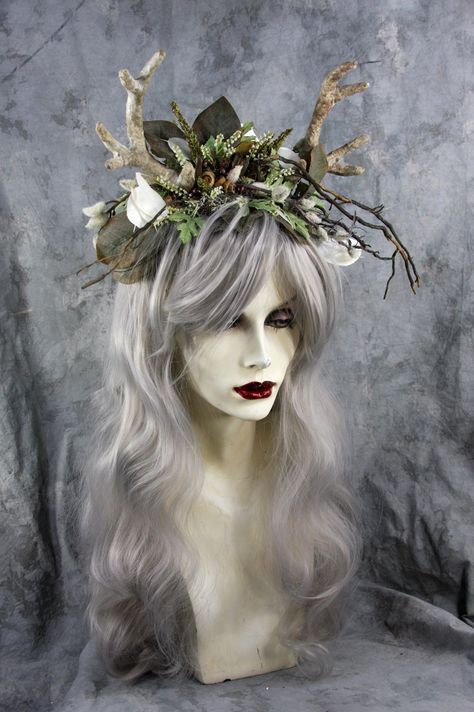 Dryad Costume, Antler Horns, Druid Costume, Black And White Wig, Horns Costume, Fae Aesthetic, Midsummer Nights Dream Wedding, Celtic Druids, Goddess Of The Hunt