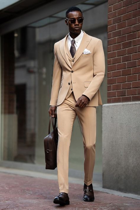 A touch of warmth in every detail. This camel slim-fit suit is crafted to offer a sophisticated style with a unique color that sets you apart. Perfect for the man who wants to make a refined statement without being over the top.  #camelsuit #slimfitsuit #elegantstyle #warmtones #modernformalwear #uniqueformalwear #mensfashion #suitstyle #timelesslook #refinedsuit Camel Suit Mens, Bow Tie Suit, Men Attire, Modern Fit Suit, Suit Stores, Suit Combinations, Slim Fit Suit Men, Suit Styles, Tan Suit