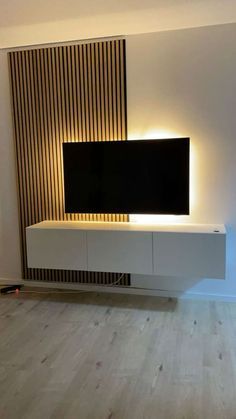 Wall Painting Tv Room, Wooden Panels Behind Tv, Wood Slat Living Room, Panelling Around Tv, Acoustic Panels Living Room, Panel Behind Tv, Panel Media Wall, Panelling Behind Tv, Hacks For Small Apartments