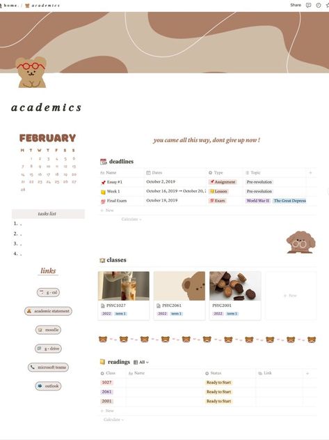 University Notion Setup, Notion Setup Aesthetic School, Notion Fall Aesthetic, Fall Notion Template, School Notion Page, Notion Brown Aesthetic, Academics Notion, Aesthetic Notion Setup, Notions Template