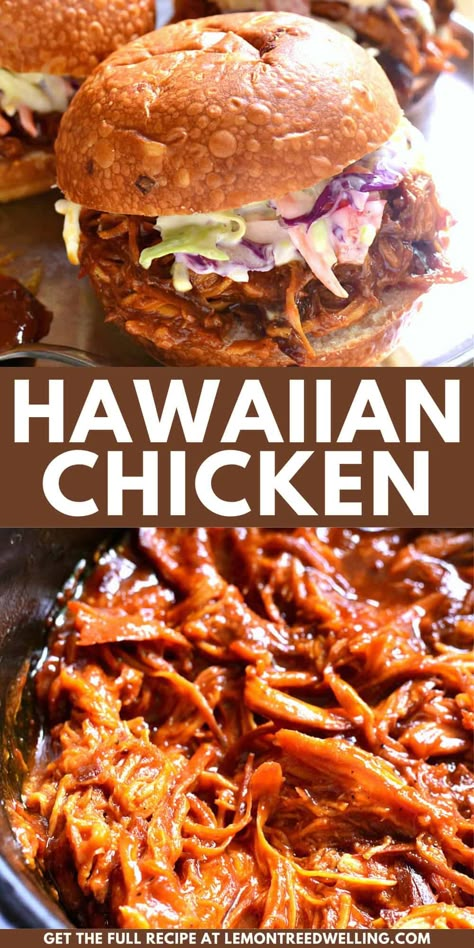 Slow Cooker Hawaiian Chicken is smoky, sweet, and slow cooked to perfection. It's perfect for parties or game days, and especially delicious topped with our creamy Hawaiian Coleslaw! Slow Cooker Hawaiian Chicken, Tiki Halloween, Hawaiian Chicken Recipe, Hawaiian Chicken Recipes, Luau Food, Summer Crockpot Recipes, Birthday Luau, Chicken Slow Cooker, Healthy Meat Recipes