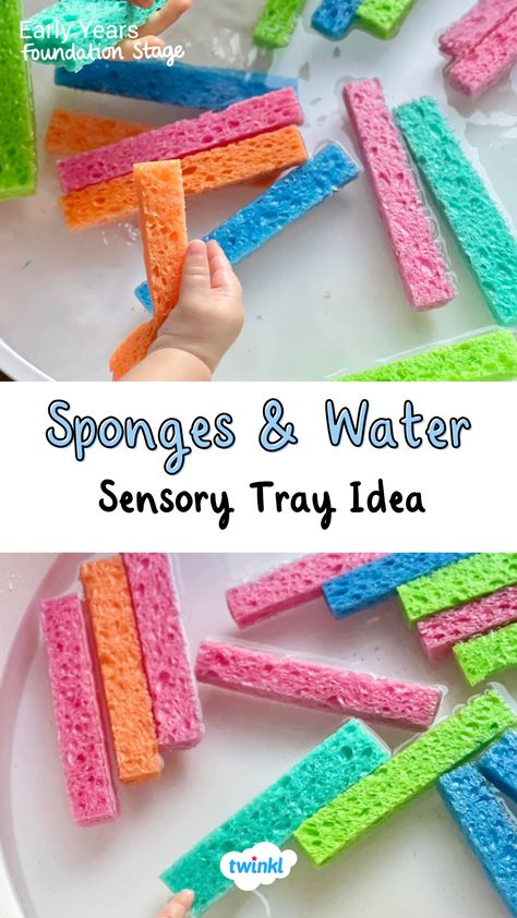 This sensory water tray idea is a great sensory activity! Perfect for any baby sensory play. Thanks to Bright Little Brains One Year Sensory Activities, Cleaning Sensory Bin, April Art Activities For Toddlers, Under 2s Activities, Nursery Room Activities Childcare, Hello Sensory Play, Science For One Year Olds, Childcare Sensory Activities, Sensory Preschool Ideas