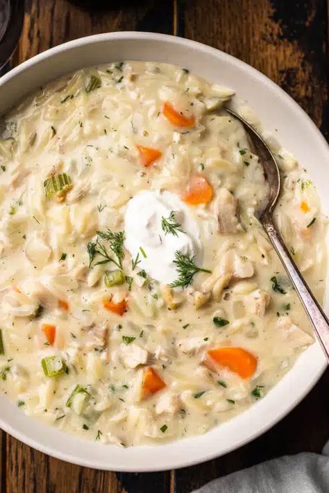 Best Creamy Fall Soups, Instapot Rotisserie Chicken Soup, Chicken Orzo Soup Recipes Homemade, White Wine Chicken Soup, Creamy Chicken Orzo Soup Recipes, Rotisserie Chicken Orzo Soup, Creamy Chicken And Orzo Soup, Slow Cooker Orzo Soup, Easy Orzo Soup Recipes