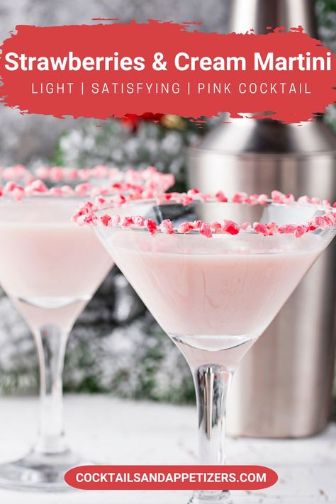 This Baileys Strawberries and Cream Vodka Martini is a pretty pink cocktail. A vodka martini perfect for date night, or Valentines Day. One of our favorite Baileys Strawberries and Cream drinks! Drinks With Baileys Strawberry And Cream, Baileys Valentines Day Drinks, Pink Squirrel Cocktail, Valentine’s Day Drinks Martini, Pink Galentines Cocktails, Strawberry And Cream Cocktail, Strawberries And Cream Baileys Drinks, Strawberries And Cream Cocktail, Valentines Day Drink Ideas