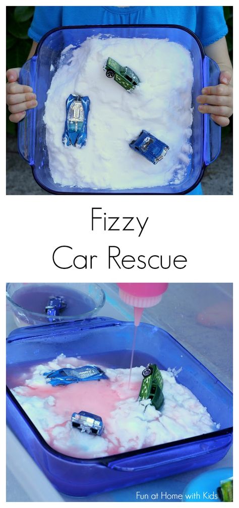 Vinegar-Free Fizzy Car Rescue! from Fun at Home with Kids Preschool Transportation, Transportation Unit, Transportation Activities, Car Activities, Transportation Preschool, Home With Kids, Sensory Ideas, Transportation Theme, Sensory Table