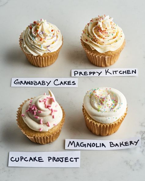 cupcakes on table with labels of whos recipe they are Wedding Cupcake Recipes, Best Vanilla Cupcakes, Moist Cupcake Recipes, Best Vanilla Cupcake Recipe, Moist Vanilla Cupcakes, Single Serve Cake, Vanilla Bean Cupcakes, Specialty Cupcakes, Fun Cupcake Recipes