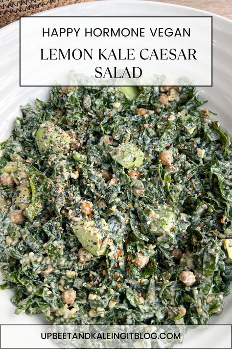 Happy Hormone Vegan Lemon Kale Caesar Salad - Upbeet & Kaleing It Kale Cesar Salad, Lemon Kale Salad, Lemon Kale, Balanced Hormones, Kale Caesar, Cleaner Eating, Kale Caesar Salad, Kale Salad Recipes, Vegan Salads