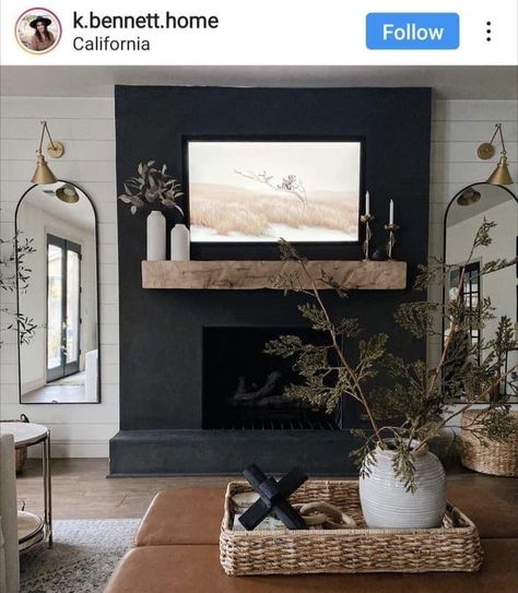 Boho Black Fireplace, Mirrors Around Fireplace, Tv On Black Fireplace, Wall Fireplace Insert, Modern Electric Fireplace With Mantel, Dark Gray Painted Fireplace Brick, Living Room Ideas With Black Fireplace, Neutral Living Room With Black Fireplace, Black Fireplace Grey Wall