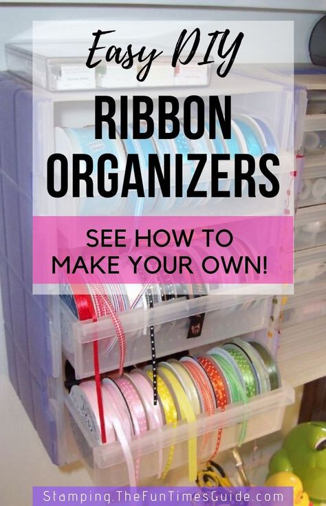 See my 1 favorite storebought ribbon organizer + 9 easy DIY ribbon organizers you can make yourself! #ribbons #bows #ribbonorganization #diyorganizers #organizing #christmaswrap #giftwrap #wrappinggifts Store Ribbon Organizing Ideas, Craft Ideas Using Ribbons, Organize Ribbon Rolls, Diy Ribbon Organization Ideas, How To Organize Ribbon Rolls, Storage For Ribbon Organizing Ideas, Ribbon Holders Organizing, Organizing Ribbon In Craft Room, Craft Ribbon Organization