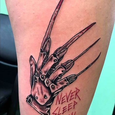 Horror Themes Tattoos, Freddy Hand Tattoo, Freddy Krueger Glove Tattoo Design, Womens Horror Tattoos, Freddy Krueger Claw Tattoo, Freddy Claw Tattoo, Freddie Cruger Tattoos, Small Freddy Krueger Tattoo, Freddy Glove Tattoo