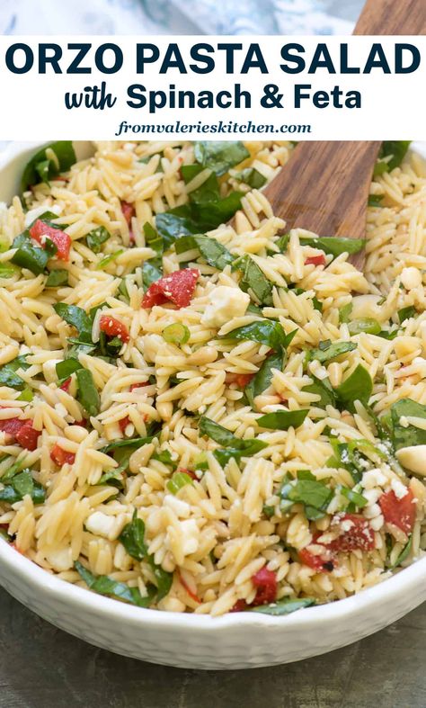 This Orzo Salad is a light, fresh pasta salad that is perfect for a summer BBQ menu. Loaded with flavor from roasted red peppers, spinach and feta and a delicious lemon honey vinaigrette. Orzo Salad With Feta And Basil, Orzo Sun Dried Tomato Salad Recipes, Orzo Pasta Salad With Feta And Spinach, Orzo Pasta Salad Recipes Cold, Orzo Spinach Salad, Orzo Salad With Spinach, Risotto Salad, Orzo Salad Recipes Cold, Orzo Recipes Side