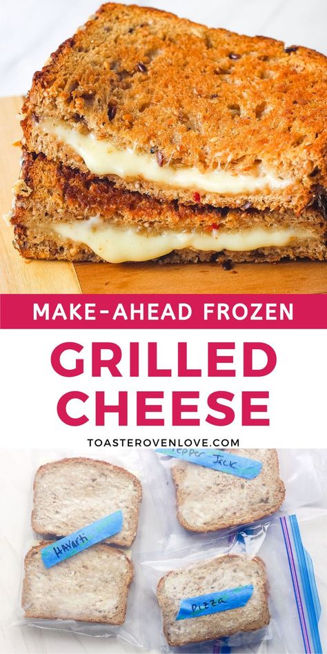 Gooey grilled cheese slices stacked on a cutting board and frozen sandwiches in bags labeled with "havarti" "pizza" and "pepper jack". Toaster Oven Grilled Cheese, Fundraising Food Ideas, Hand Snacks, Meal Prep For Baby, Meals For Baby, Prep For Baby, Freezer Lunches, Freezer Sandwiches, Easy Lunch Idea