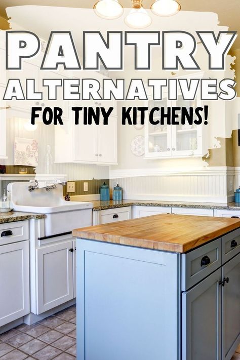 image of small kitchen. Pin says "pantry alternatives for tiny kitchens!" No Pantry Ideas, No Pantry Kitchen, No Pantry Solutions Kitchens, Kitchens Small Spaces, Pan Storage Diy, No Pantry, Small Kitchen Storage Solutions, Small Kitchen Hacks, Small Kitchen Pantry