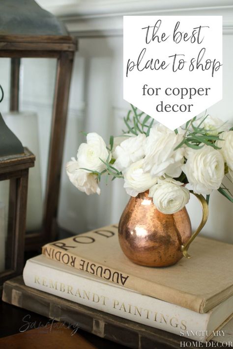 Ceramic Vase Centerpiece, Sanctuary Home Decor, Sanctuary Decor, Sanctuary Home, Neutral Fall Decor, White Ranunculus, Copper Vase, Floral Kitchen, Copper Decor