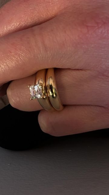 Gold Engagement Ring Silver Wedding Band, Chunky Gold Band Engagement Ring, Thick Gold Band With Diamond, Mixed Metal Engagement Ring Stack, Chunky Ring Stack, Thick Band Wedding Rings, Thick Band Engagement Ring Gold, Thick Wedding Band With Engagement Ring, Engagement Ring Wide Band