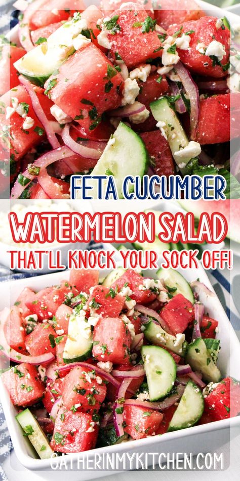 Feta Watermelon Salad, Feta Watermelon, Cucumber Watermelon Salad, Watermelon Feta Salad Recipes, Watermelon Salad Recipes, Salad With Mint, Feta Salad Recipe, Dinner Party Dishes, Feta Cheese Salad