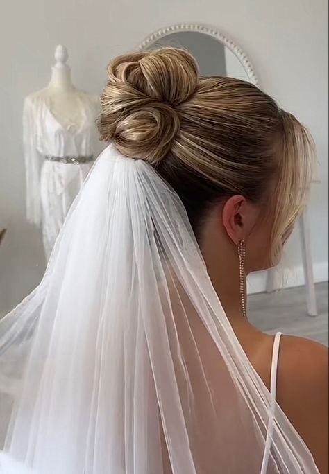 Upstyle Hair Wedding, Bridal High Bun Hairstyles With Veil, Slick Back Wedding Hair With Veil, Ballet Bun Wedding Hair, Bun With Veil Underneath, Sleek Wedding Bun With Veil, Hair Styles For Spaghetti Strap Wedding Dress, Sleek High Bun Bridal Hair, Bride Hairstyles Sleek