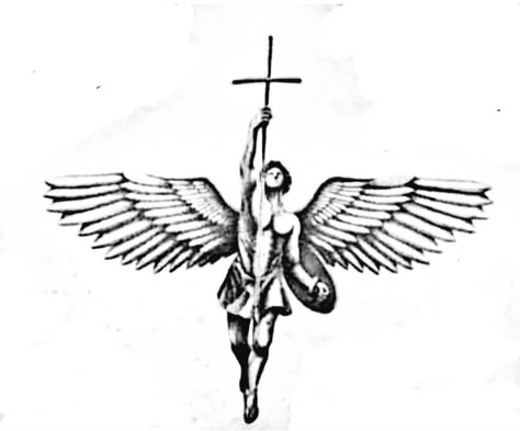 Saint Michael Back Tattoo, Angel Tattoo Men Design Ideas, Cross Arm Tattoo For Men, Cross Men Tattoo, Men’s Angel Tattoo, Christian Back Tattoos For Men, Men’s Word Chest Tattoo, Angel Tattoos Men, Angel Back Tattoo Men