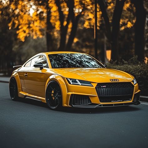 Sleek Audi TT RS, 2019, vibrant yellow. Aggressive styling, quattro all-wheel drive. Audi's RS division pushes limits. 🟡🏎️💨 2.5L turbocharged engine roars with iconic 5-cylinder symphony. Autumn backdrop enhances sporty allure.  Hashtags below 👇  #AudiTTRS #QuattroPerformance #YellowBeast #AudiSport #CarEnthusiast October Wallpapers, Autumn Backdrop, Audi Sports Car, Audi Tt S, Audi Tts, Audi Tt Rs, Autumn Sunset, Audi A3 Sportback, Audi Sport