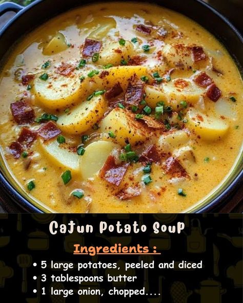 Ingredients: 5 large potatoes, peeled and diced 3 tablespoons butter 1 large onion, chopped Cajun Potato Soup Recipe, Cajun Potato Soup Crock Pot, Patato Soup, Spicy Potato Soup, Cajun Potato Soup, Jack Potato, Cajun Potatoes, Homemade Soup Recipes, Christmas Soup