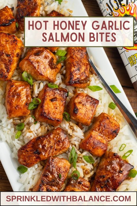 Hot Honey Garlic Salmon Bites Hot Honey Salmon Bites, Honey Garlic Salmon Bites, Garlic Salmon Bites, Hot Honey Salmon, Honey Salmon Recipes, Mango Salsa Salmon, Salmon Quinoa, Meal Prep Meals, Salmon Marinade